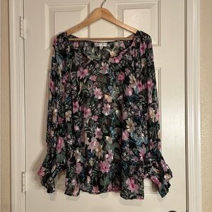 Sheer Floral Blouse - Black and Pink